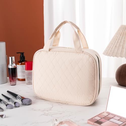 Travel Toiletry Bag for Women, Large Hanging Makeup Cosmetic Bag, Beige - Image 5