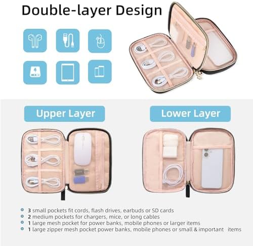 Electronics Organizer Travel Case, Charger Bag Cord Organizer Travel, Compact Tech Pouch Cable Organizer Bag for Charger, Cords, Phone, Headphones, Flash Drive, SD Card(Black, Small-Double Layer) - Image 2