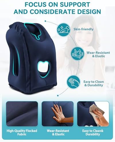 Inflatable Travel Pillow, Airplane Neck Pillow Comfortably Supports Head and Chin for Airplanes, Trains, Cars and Office Napping with 3D Eye Mask, Earplugs and Portable Drawstring Bag (Blue) - Image 3
