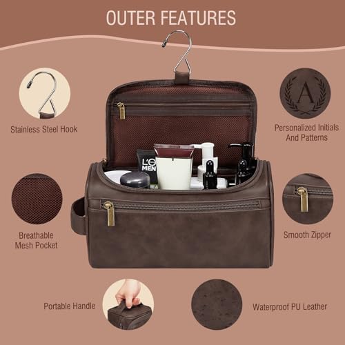 Travel Toiletry Bag Hanging For Mens PU Leather - Dark Brown (Initial K) - Image 3