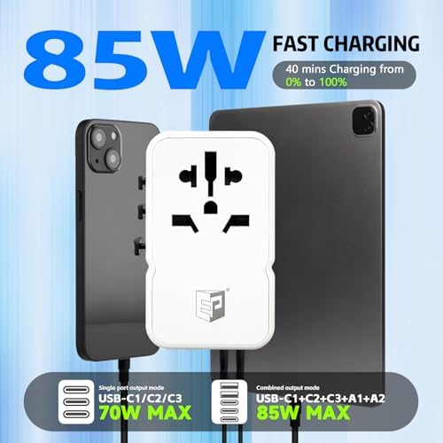 EP 85W Universal Travel Adapter, International Power Adapter with 3 USB-C & 2 USB-A Ports, Worldwide Plug Adaptor Wall Charger, Travel Essentials for US/CA/EU/UK/AU/JP ＆ 150+ Countries (Type C/G/A/I) - Image 2