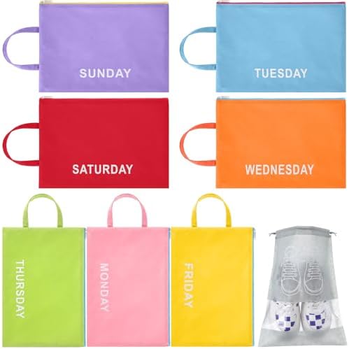 Colarr 8 Pack Days of Week Packing Cubes for Travel, Daily Outfit Clothing Organizer Bags with Drawstring Shoe Bag Storage Suitcase Luggage Packing Organizers for Summer Vacation Camp Essentials by Colarr