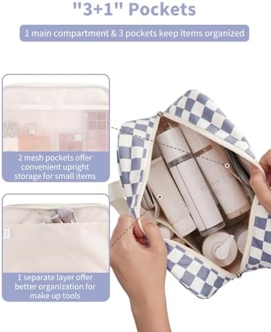 Narwey Large Toiletry Bag Women Large Cosmetic Bag Travel Makeup Bag Organizer Medicine Bag for Toiletries Essentials Accessories (Grayish Blue Checkerboard) - Image 2