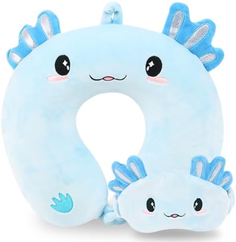 Travel Pillow, Kids Travel Pillow with Sleep Eye Mask Soft Memory Foam Kids Neck Pillow for Boys & Girls, Travel Accessories for Car Airplane Traveling - Blue Axolotl by MissSoul