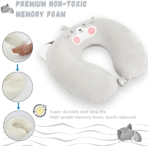 Travel Pillow, Kids Travel Pillow with Sleep Eye Mask Soft Memory Foam Kids Neck Pillow for Boys & Girls, Travel Accessories for Car Airplane Traveling - Grey Cat - Image 3