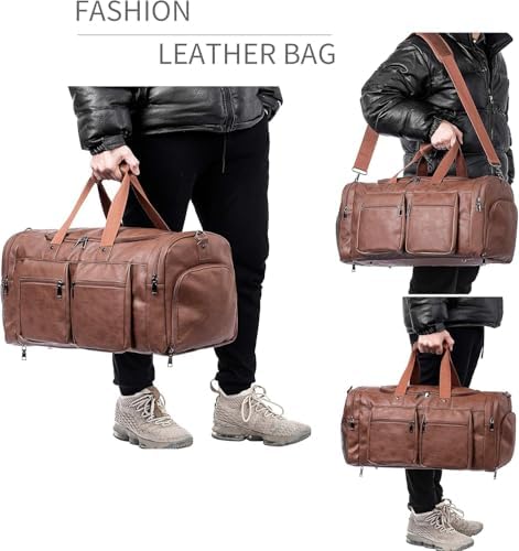Leather Travel Bag with Shoe Pouch,Weekender Overnight Bag Waterproof Leather Large Carry On Bag Travel Tote Duffel Bag for Men or Women-Brown - Image 6
