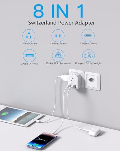 Switzerland Travel Plug Adapter, HANYCONY Type J Power Adapter, 2 Pack - Image 3