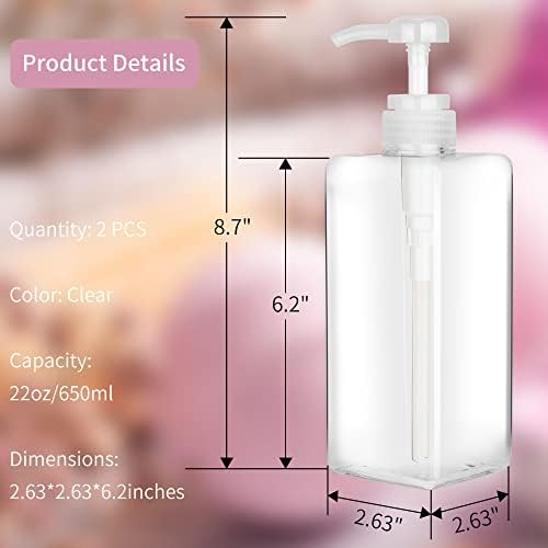 Pump Bottle Dispenser 22oz/650ml Jansburg 2Pack Refillable Square Plastic Lotion Dispenser Empty Lotion Pump Bottle for Essential Oil Lotion, Shampoo, Bathroom Travel Clear - Image 3
