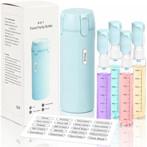 4 in 1 Travel Dispenser Bottle, Leakproof Travel Size Toiletries Holder, Refillable Portable Containers for Shampoo Lotion Conditioner Cream Transparent with Label (Blue) by Unknown