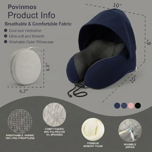 Hooded Travel Pillow,Memory Foam Neck Support Pillow with Skin-Friendly Cooling Cover and EVA Storage Case, Airplane Pillow Head Support for Office Plane Travel Car Sleeping (Navy Blue) - Image 5