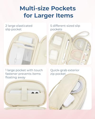 BAGSMART Travel Cord Organizer Electronics Case, Double Layers Puffer Cable Organizer Bag Travel Essentials for Women, Tech Organizer Case for Charger, Phone, Flash Drive - Beige - Image 3