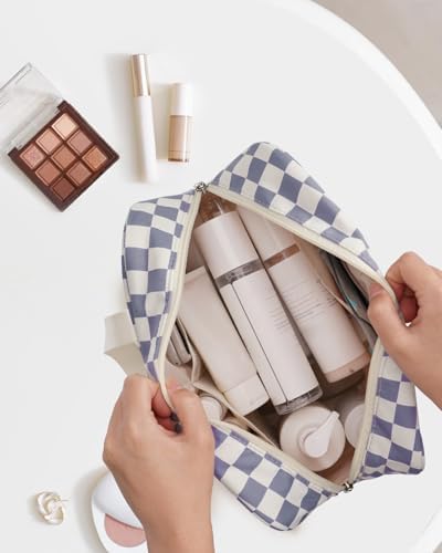 Narwey Large Toiletry Bag Women Large Cosmetic Bag Travel Makeup Bag Organizer Medicine Bag for Toiletries Essentials Accessories (Grayish Blue Checkerboard) - Image 3