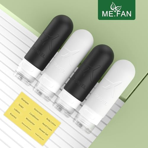 ME.FAN Travel Bottles for Toiletries,3oz Silicone Travel Size Containers, TSA Approved Squeezable Portable Split Bottle, Travel Accessories for Conditioner Shampoo Lotion - 4 Pack Black/White - Image 2