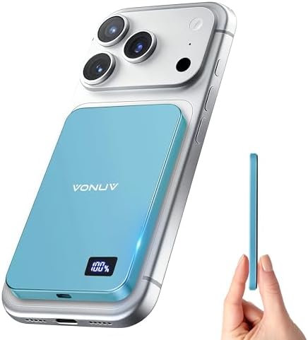 Magnetic Portable Charger 5000mAh, 15W Ultra Slim Wireless Portable Charger, Fast Charging for iPhone 17/16/15/14/13/12 Pro/Pro Max/Plus, Metal Shell, USB-C Cable to Charge Other Phones (Blue) by VONUV