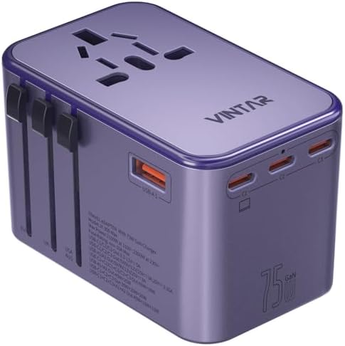 VINTAR GaN Universal Travel Adapter 75W, 6-in-1 with 3USB-C PD & 2USB-A QC by VINTAR