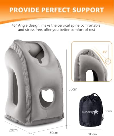 Sunany Inflatable Neck Pillow Used for Airplanes/Cars/Buses/Trains/Office Napping with Free Eye Mask/Earplugs (Gray) - Image 5