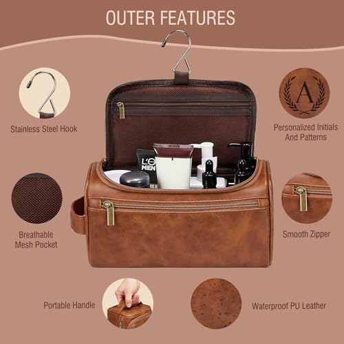 Travel Toiletry Bag Hanging For Mens PU Leather - Yellow Brown (Initial C) - Image 3