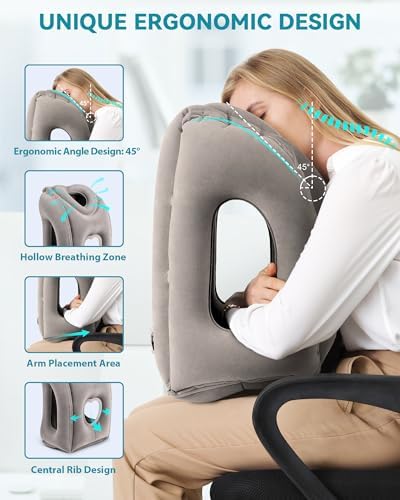Inflatable Travel Pillow, Airplane Neck Pillow Comfortably Supports Head and Chin for Airplanes, Trains, Cars Office Napping on The Tray Table (Grey) - Image 2