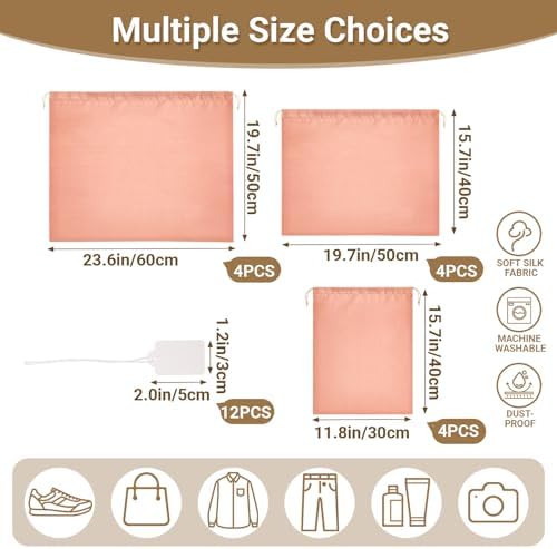 Ewen Pack of 12 Satin Drawstring Dustbags with Blank Tags, Dustproof Packing Pouch Set in Small Medium Large for Travel Essentials, Pink Orange Silk Bag for Handbags Clothes Purse Organization Storage - Image 2