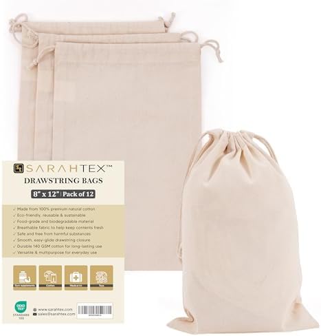 8" x 12" Premium Cotton Drawstring Bags 12 Pack, 140 GSM Reusable Pouch for Clothing, Shoes, Gifts, Travel Storage, Wedding Favor, Eco Friendly Cloth Packaging, Large by Unknown