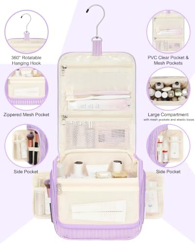 Relavel Hanging Toiletry Bag for Women, Travel Makeup Bag for Girls Kids Gifts Personalized Initial Toiletry Pouch Shower Bag, Travel Essentials Birthday Gifts for Teen Girls, Purple M - Image 3
