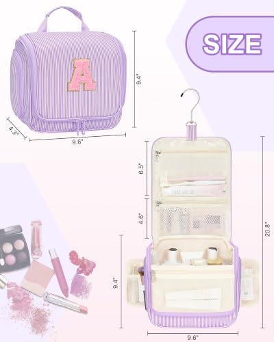 Relavel Hanging Toiletry Bag for Women, Travel Makeup Bag for Girls Kids Gifts Personalized Initial Toiletry Pouch Shower Bag, Travel Essentials Birthday Gifts for Teen Girls, Purple M - Image 6