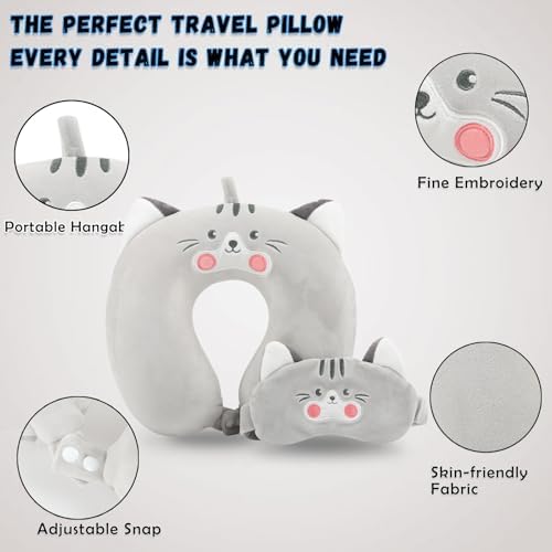 Travel Pillow, Kids Travel Pillow with Sleep Eye Mask Soft Memory Foam Kids Neck Pillow for Boys & Girls, Travel Accessories for Car Airplane Traveling - Grey Cat - Image 5
