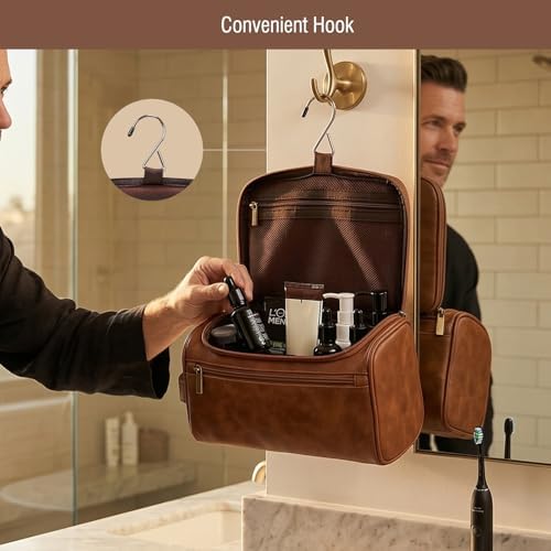 Travel Toiletry Bag Hanging For Mens PU Leather - Yellow Brown (Initial C) - Image 4