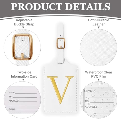 Personalized Initial Luggage Tags for Suitcases,Leather Letter Cute Luggage Tags with Privacy Name Card,Embroidered Monogrammed Travel Bag Backpack Tag Gifts for Women Kids Girls Teens(White-V) - Image 3