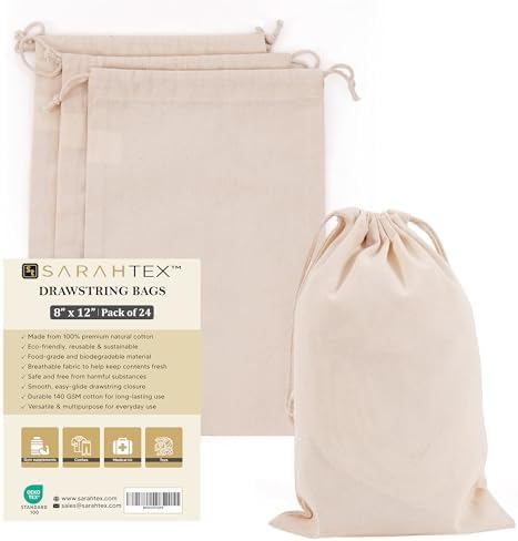 8" x 12" Premium Cotton Drawstring Bag 24 Pack, 140 GSM Reusable Pouch for Clothing, Shoes, Gifts, Travel Storage, Wedding Favor, Eco Friendly Cloth Packaging, Large by Unknown