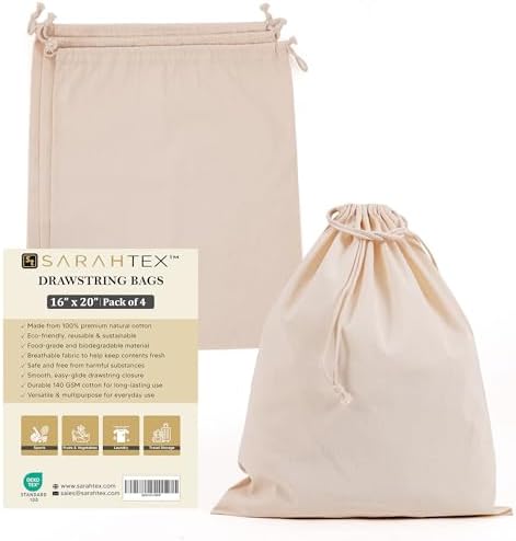 16" x 20" Premium 100% Cotton Drawstring Bags 4 Pack, 140 GSM Extra Large Cotton Storage Bags for Clothes, Laundry, Travel Packing, Shoes, Gift Packaging, Eco Friendly Reusable Drawstring Pouch by Unknown