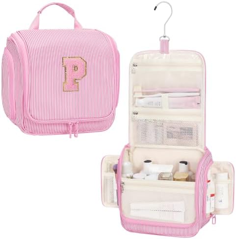 Relavel Hanging Toiletry Bag for Women, Travel Makeup Bag for Girls Kids Gifts Personalized Initial Toiletry Pouch Shower Bag, Travel Essentials Birthday Gifts for Teen Girls, Pink P by Relavel
