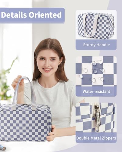 Narwey Large Toiletry Bag Women Large Cosmetic Bag Travel Makeup Bag Organizer Medicine Bag for Toiletries Essentials Accessories (Grayish Blue Checkerboard) - Image 5