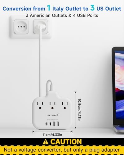 Italy Travel Plug Adapter with 3FT Extension Cord, meta-ant Italy Power Adapter with 3 American Outlets 4 USB Ports(2 USB-C), Type L Adapter for US to Italy Chile Ethiopia Libya Syria Tunisia Uruguay - Image 4