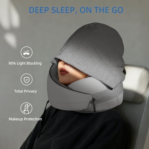 Travel Pillow for Airplane, Hooded Memory Foam Neck Pillow for Sleeping - Image 3