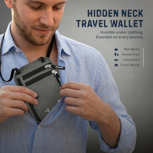 Zero Grid RFID Travel Neck Wallet, Large Passport Holder, Light Grey - Image 5