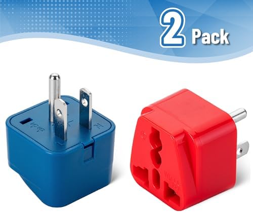 Bates- UK to US Plug Adapter, 2 Pack, Blue and Red, EU to US Plug Adapter - Image 2