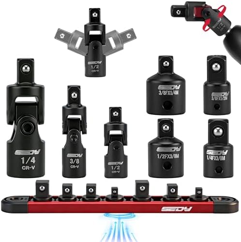 Universal Joint Socket Reducer: 7-Piece Impact Wobble U Joint & Adapter Set with Magnetic Aluminum Storage Rail - Premium Cr-V Steel 1/4", 3/8" & 1/2" Drive by SEDY