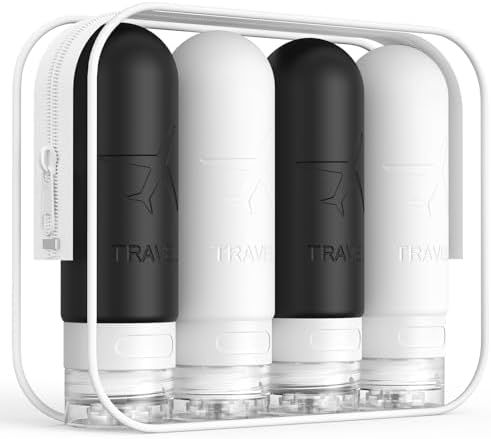 ME.FAN Travel Bottles for Toiletries,3oz Silicone Travel Size Containers, TSA Approved Squeezable Portable Split Bottle, Travel Accessories for Conditioner Shampoo Lotion - 4 Pack Black/White by MEFAN