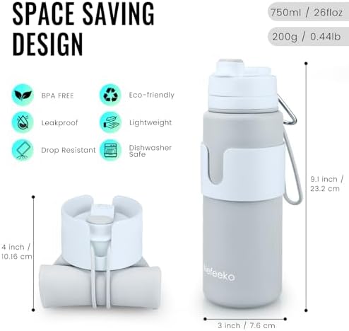 Nefeeko Collapsible Water Bottle, BPA Free 26oz Silicone Water Bottles - Image 2