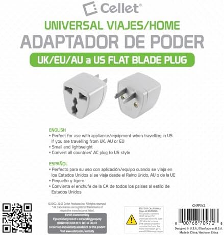 Cellet Universal Travel Adapter: Seamless Plug Conversion for International Travelers AC Wall Power Adapter to Convert China, UK, AU, EU & Other Plugs to US, Mexico, Canada Plug (2PACK) (Type-A) - Image 4