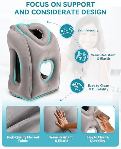 Inflatable Travel Pillow, Airplane Neck Pillow Comfortably Supports Head and Chin for Airplanes, Trains, Cars Office Napping on The Tray Table (Grey) - Image 3