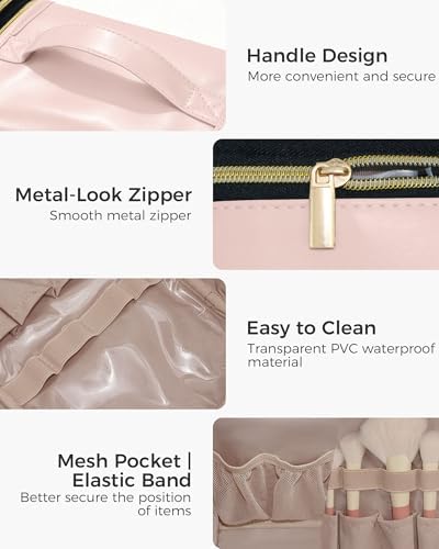 Hanging Toiletry Bag, PU Leather Makeup Bag Large Capacity with Jewelry Organizer for Brushes Set, Cosmetic Accessories, Pink - Image 5