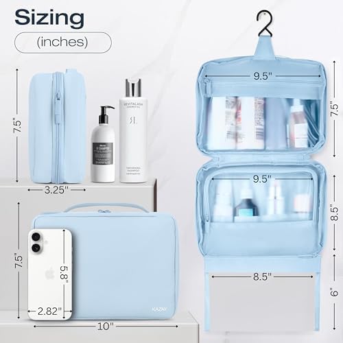 KAZAY Hanging Toiletry Bag with TSA Approved Detachable Pouch, COMPACT TRAVEL SIZE, Travel Toiletry Bag, Water Resistant, Premium Nylon, Travel Size Toiletries, Cosmetic Bag, Makeup Bag (Light Blue) - Image 3