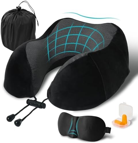 Travel Pillow, Memory Foam Neck Pillow for Traveling, U Shape Neck Pillow Airplane Portable Flight Pillow Travel Kit with 5D Contoured Eye Masks and Earplug for Plane Train Car Home Office by Unknown