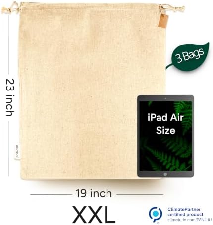 LEAFICO Reusable Produce Storage Bags - XX-Large 19x23 3 Pack - Breathable Muslin Fabric Sacks with Drawstrings – Dust-Proof Travel Cotton Bags for Laundry, Clothes, Purses - Image 2