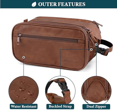 PAVILIA Toiletry Bag for Men, Hanging Travel Dopp Kit Organizer, PU Leather Water Resistant Bathroom Bag for Shaving Grooming, Large Capacity Cosmetic Bag Travel Essentials, Brown - Image 5