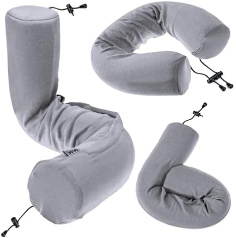 Dot&Dot Twist Memory Foam Travel Pillow for Airplanes - Travel Neck Pillow for Sleeping - Airplane Pillow for Neck Support, Chin, Lumbar and Leg - Adjustable, Bendable Neck Roll Pillow - Gray by DotDot