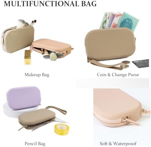 Small Silicone Multifunctional Essential Bag Portable Travel Makeup Bag for Women Men Cards Cash Bag Zipper Pouch (Khaki) - Image 4