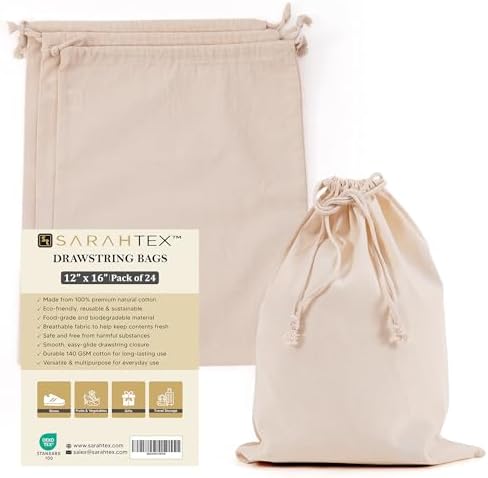 12" x 16" Premium 100% Cotton Drawstring Bags 24 Pack, 140 GSM Large Cotton Storage Bags for Clothing, Shoes, Travel, Laundry, Gift Packaging, Wedding Favor Bags, Eco Friendly Reusable Pouches by Unknown